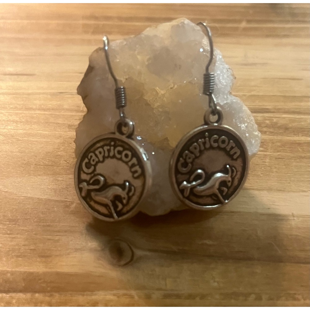 Antique Silver Capricorn Goat Zodiac Sign Stamped Metal Earrings-Boho -Gift -New - Picture 3 of 11